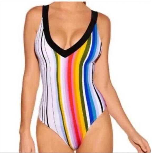 Rachel Roy One Piece Stripe Swimsuit Sz Small NWOT Rainbow Lattice Back Beach - Picture 1 of 9